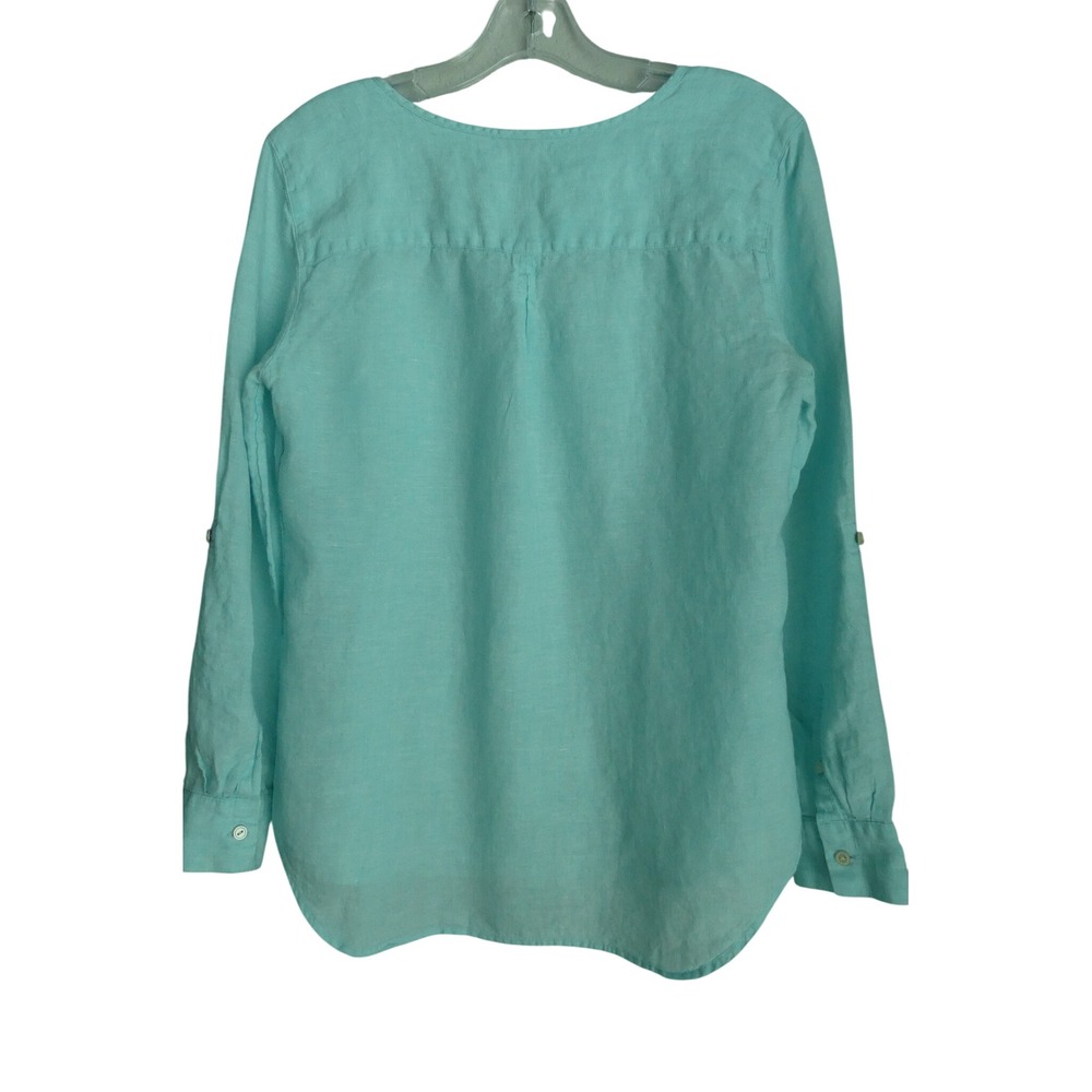 Talbots Womens Aqua 100% Linen Button Shirt Roll Sleeve Blouse S Summer Beach - Picture 3 of 7